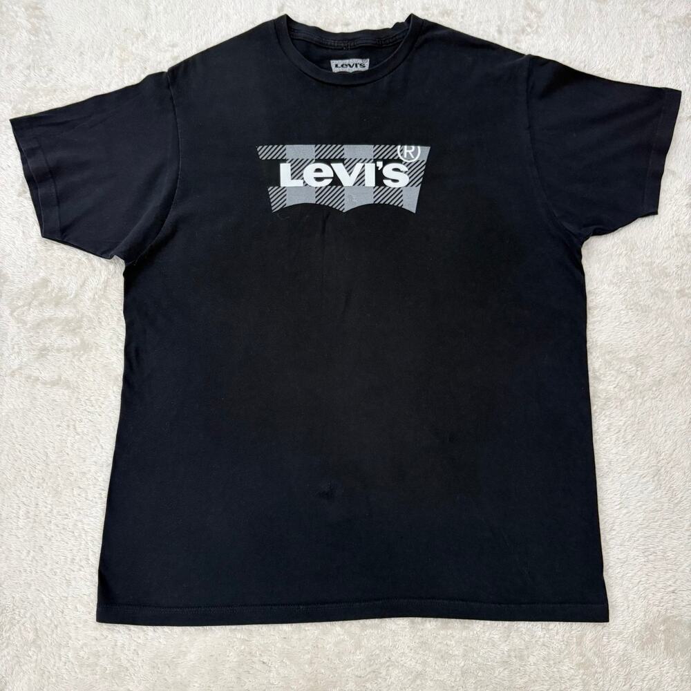 Levis Mens L Black Batwing Logo Graphic T Shirt Plaid Check Short Sleeve Tee